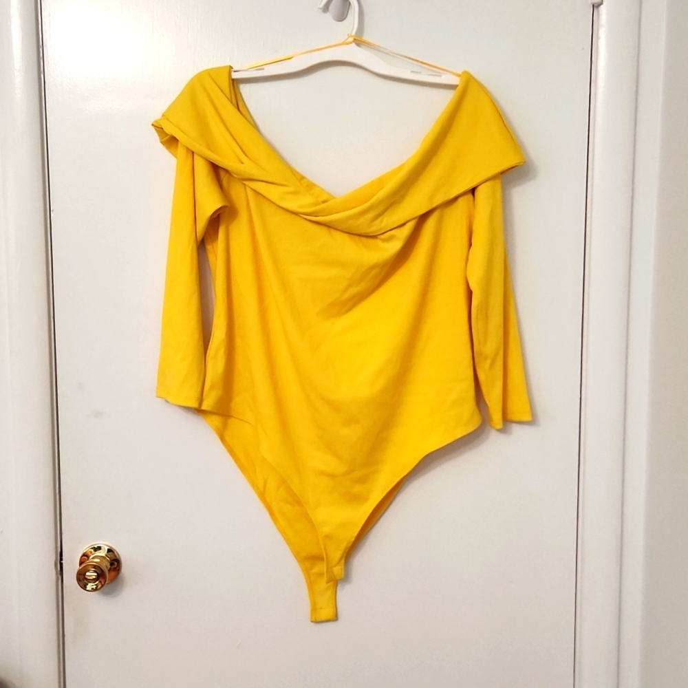 Twist neck off shoulder bodysuit